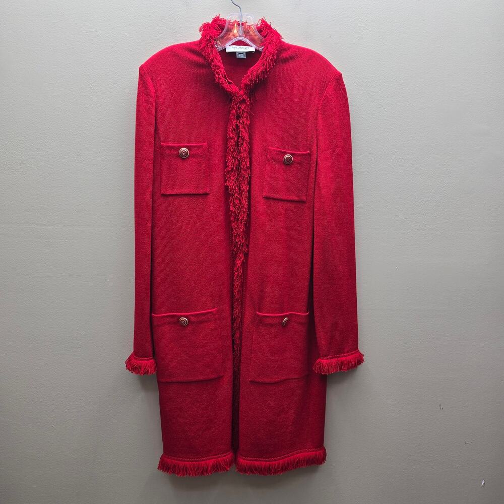St. John Collection Duster Jacket Sz 12 Wool Blend Fringe Trim Red Quiet Luxury
